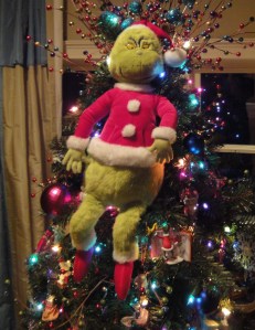 Grinch stuffed animal on a tree...
